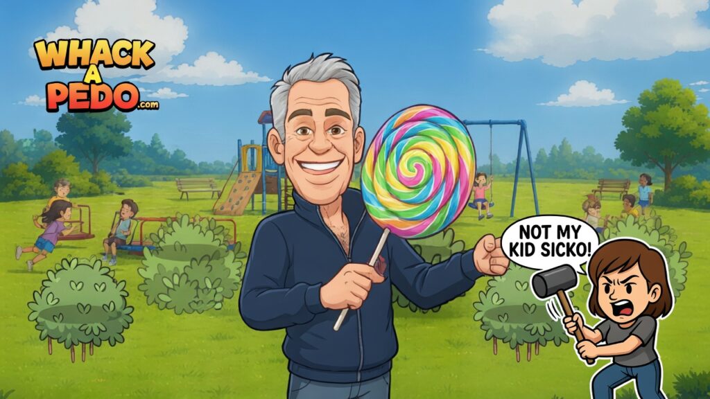 Whack A Pedo.com an old man standing in a park with kids at play holding a Lolli pop, Angary mom says Not my kid sicko holding a mallet.